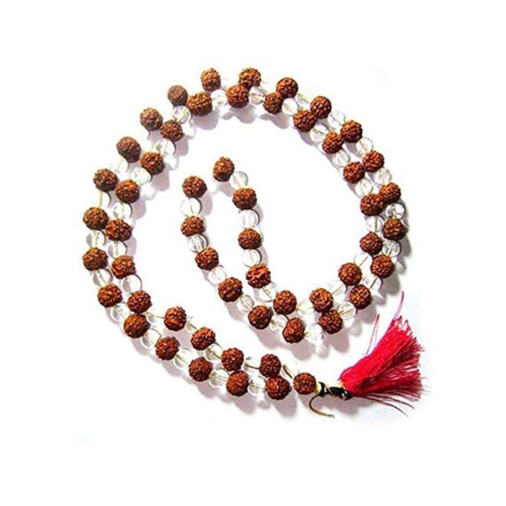 রুদ্রাক্ষ স্ফটিক মালা 5 Faced Rudraksha Crystal Mala 109 Beads Lab Certified Trilochana